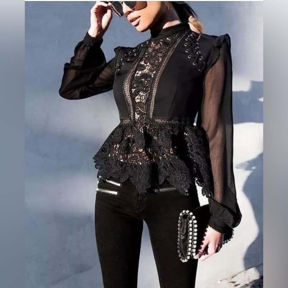 NWT $345 Self-Portrait Lace-Up Macrame Blouse Black Size 4